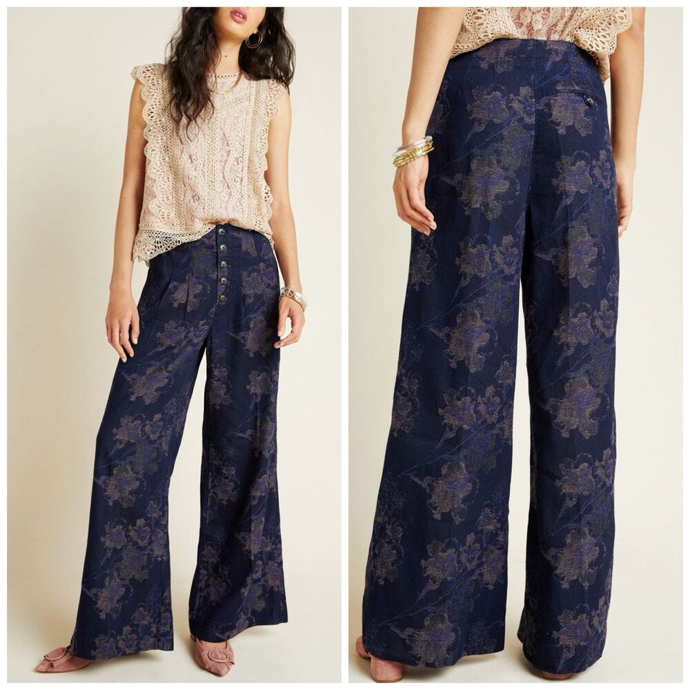 Anthropologie Navy Floral Wide-Leg Pants